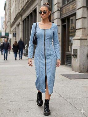 Vintage 90s Stonewash Denim Midi Dress Zipper Front Long Sleeve Grunge Medium 5
